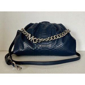 New Michael Kors Nola Small Snake Embossed Crossbody Chain Clutch Navy